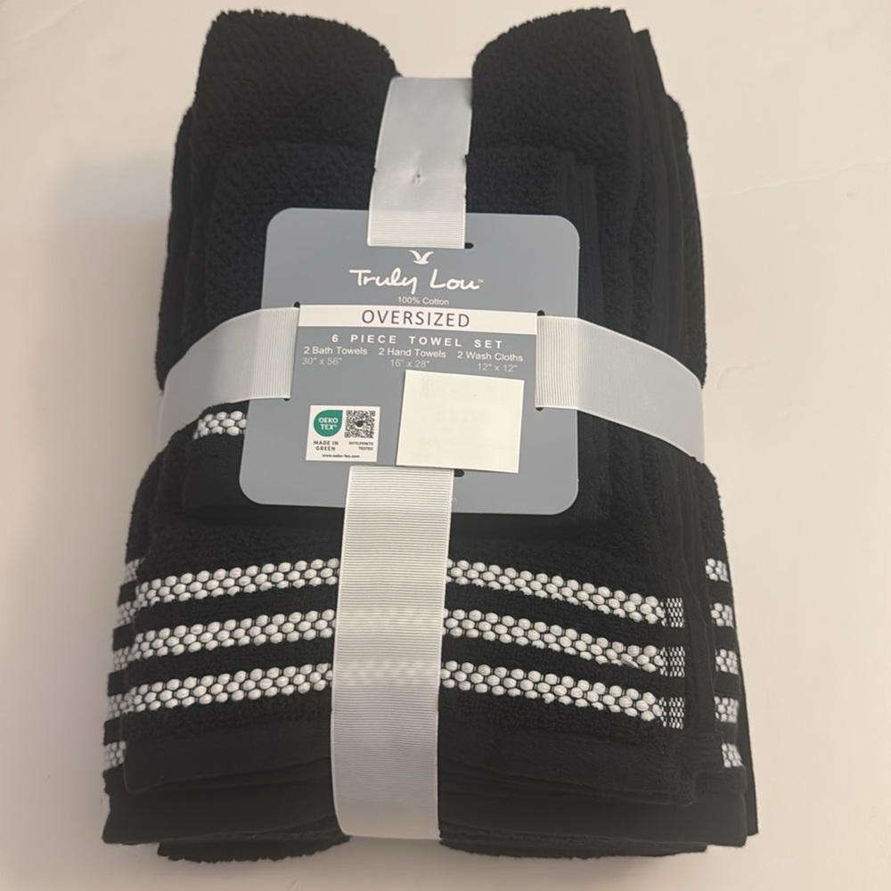 6pc TRULY LOU Oversized 100% Cotton Bath Towel Set - Bundle - Caviar/White